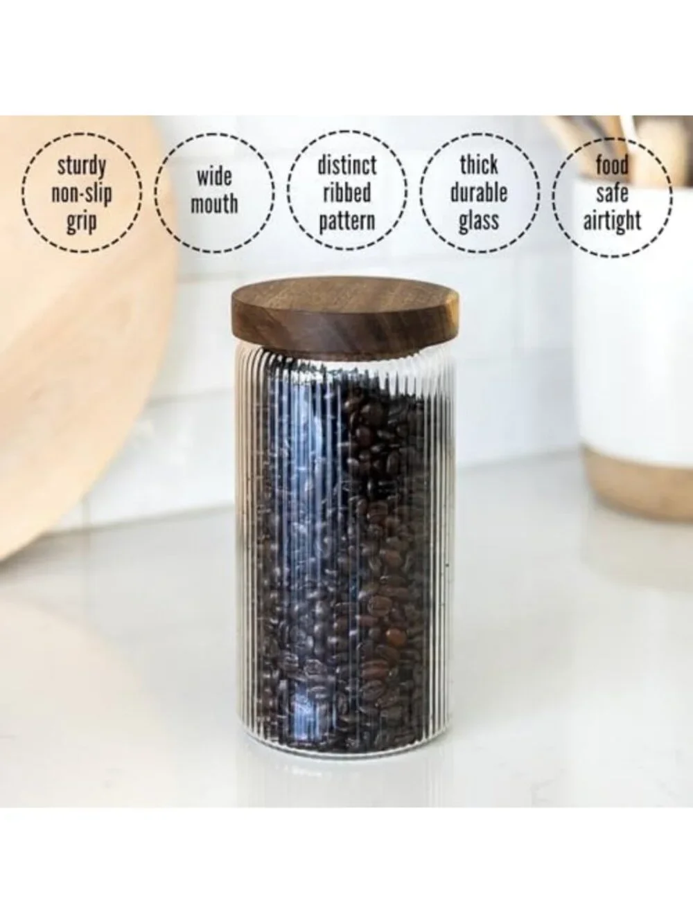 Ribbed Glass Storage Jars with Wooden Lids - Set of 3, Airtight Canisters for